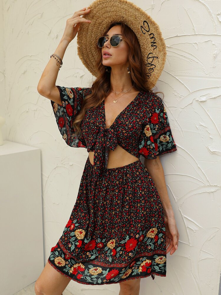 Floral Print Tie Front Peekaboo Butterfly Sleeve A-line Dress | SHEIN
