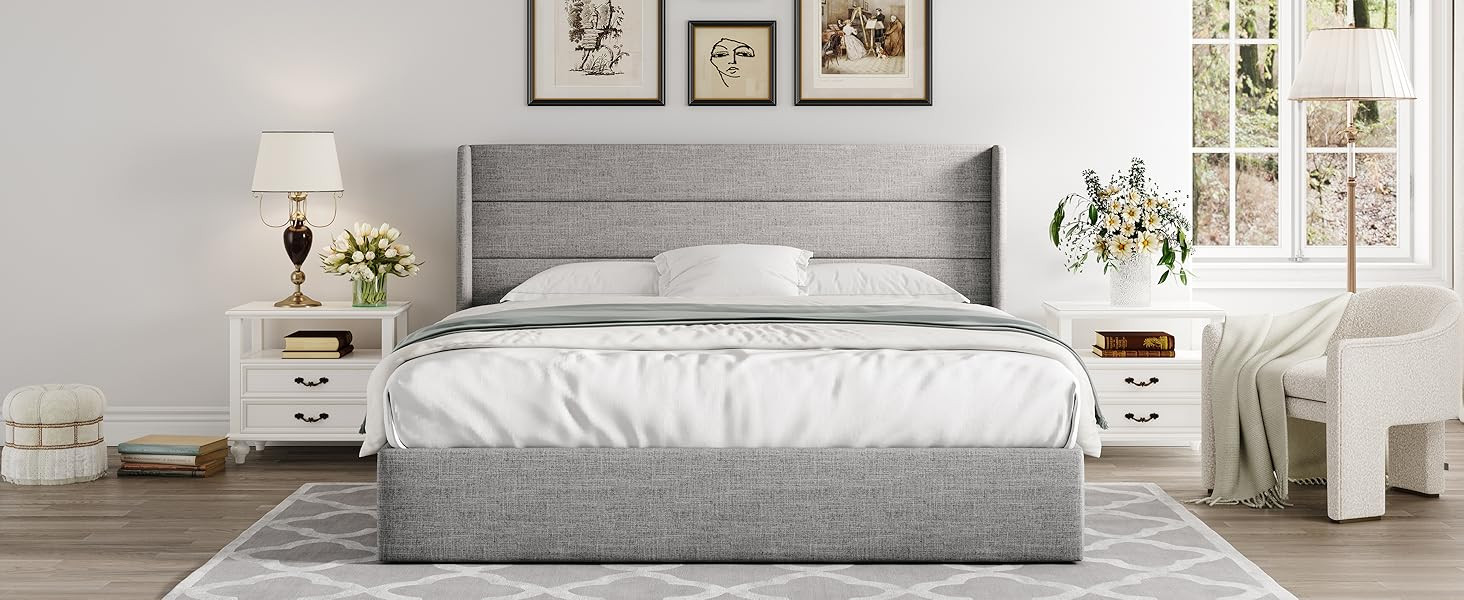 Allewie King Size Lift Up Storage Bed, Modern Wingback Headboard, Hydraulic Support, No Box Sprin... | Amazon (US)