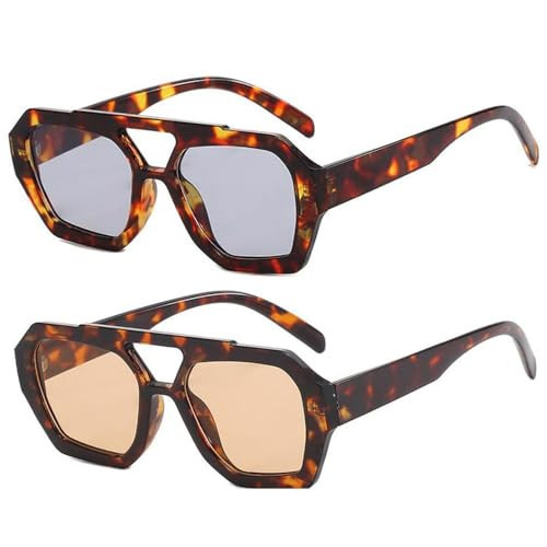 BAODAREN Trendy Aviator Sunglasses for Women Men Hexagonal Square Thick Frame Double Bridge Sun Glasses Shades BS1300 (Light Gray&Light Brown) | Amazon (US)