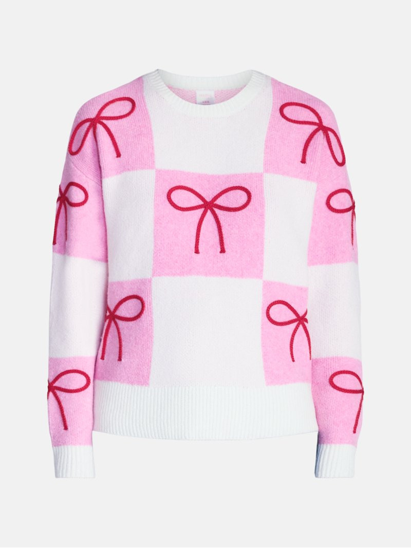 Holiday Time Women's & Women's Plus Bow Print Checkered Sweater, Midweight, Sizes XXS-4X | Walmart (US)