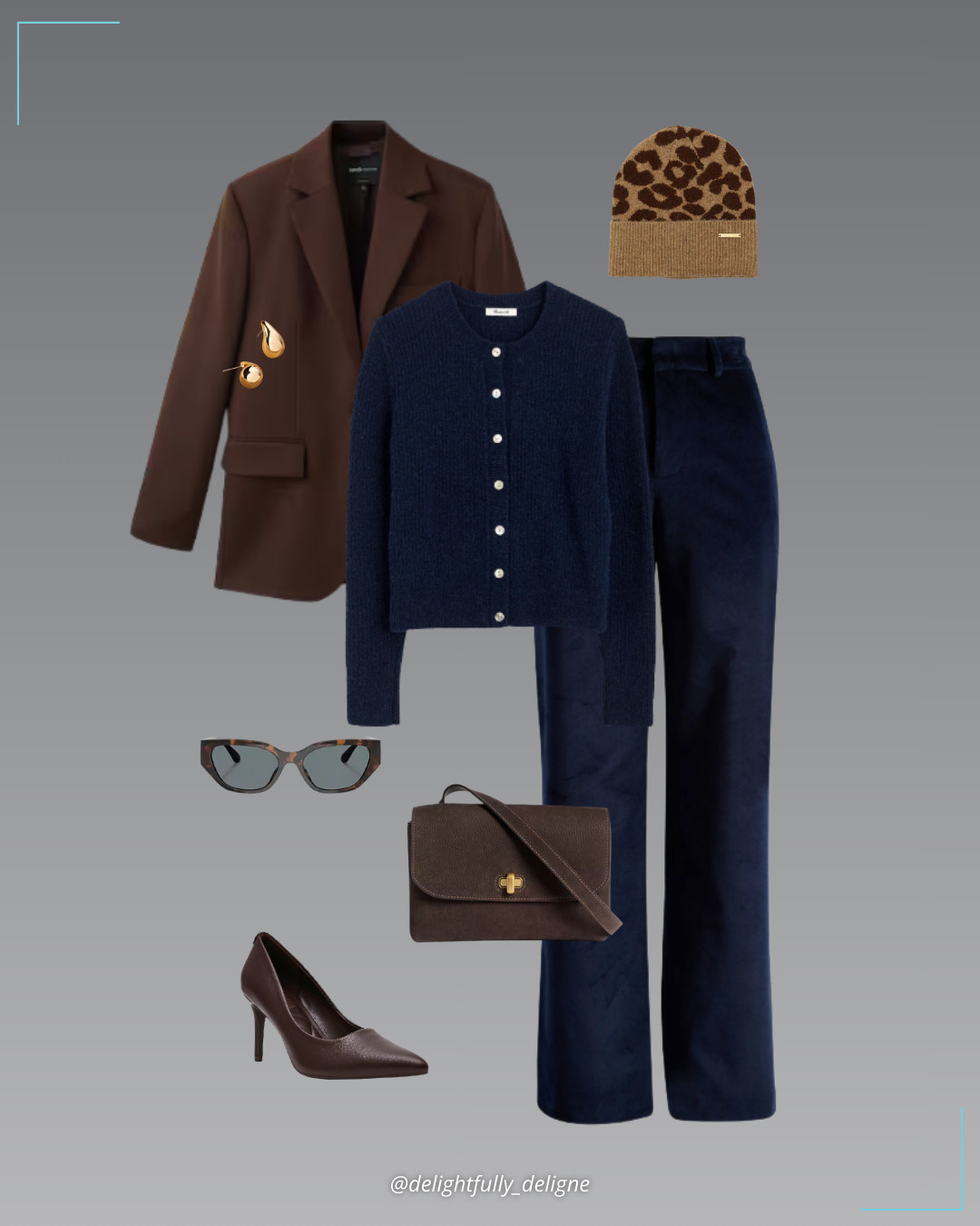 Polished Layers 💙🤎Navy CloudSoft cardigan, brown wool suit blazer, navy corduroy pants, stiletto pumps, Italian leather crossbody bag, leopard crown cuff beanie, mini drop earrings & geometric cat-eye sunglasses. 

 #LTKgrwm #LTKootd #LTKOver40