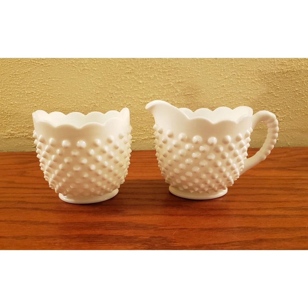 Milk Glass Hobnail Creamer and Sugar Set Scalloped Edge Vintage Fenton 4" EUC | Etsy (US)