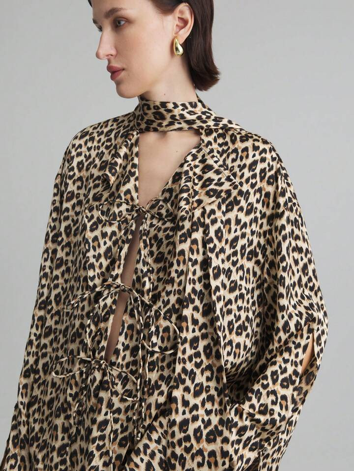 Ontre Ruffled Collar Ribbon Tie Design Long Sleeve Blouse, Fashionable Leopard Print Collar Ribbon Bowknot Cuff Split Long Sleeve Casual Shirt, Autumn | SHEIN