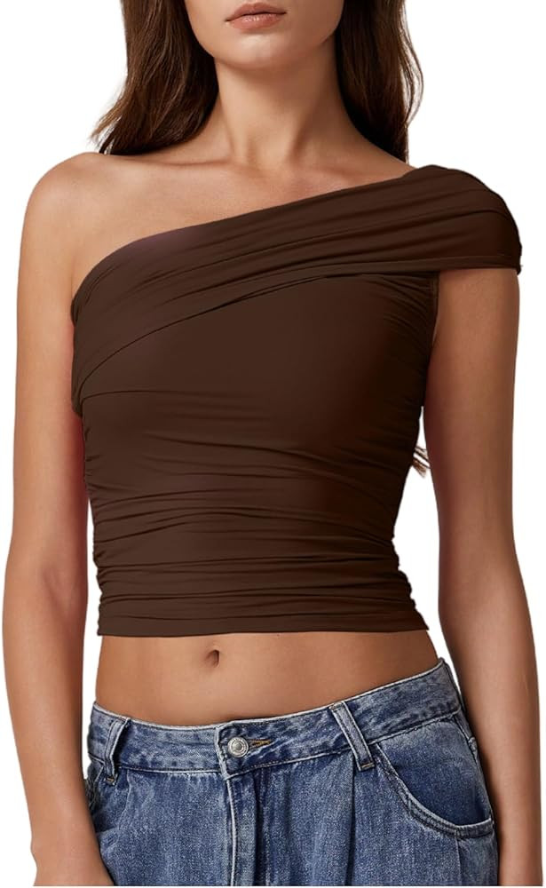 QINSEN Womens Sleeveless Foldover Top Double Lined One Shoulder T Shirts Summer Trendy Going Out ... | Amazon (US)