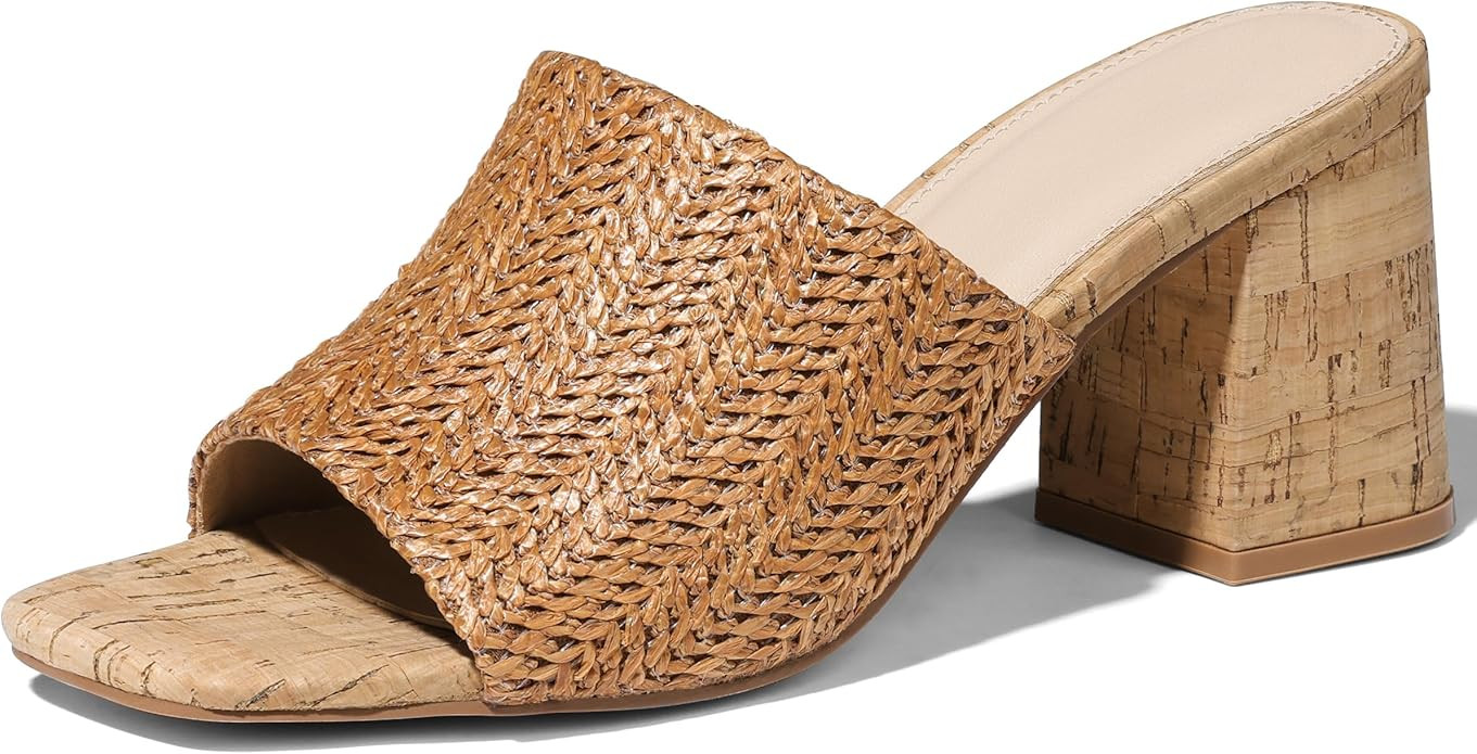 Ancomafio Heeled Sandals for Women，Raffia Sandals 2025 Chunky Heels Square Toe Mules Block Summ... | Amazon (US)