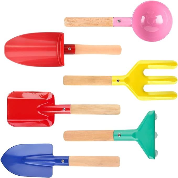 UMUACCAN 6 Piece Kids Beach Tools,Children Beach Sand Toys, Made of Metal with Sturdy Wooden Hand... | Amazon (US)