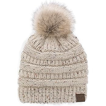 C.C Trendy Fuzzy Fleece Lined Warm Comfortable Soft Stretch Cable Knit Ribbed Faux Fur Pom Pom Be... | Amazon (US)