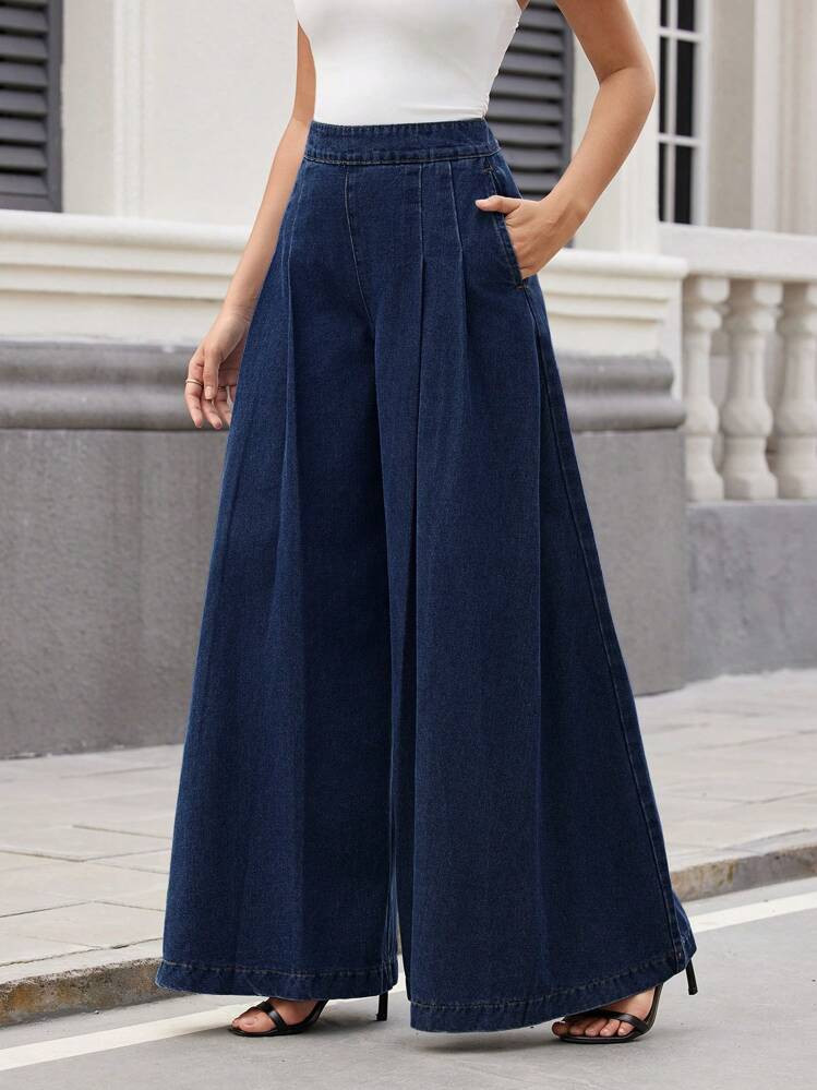 SHEIN Essnce Women's Pleated Pocket Loose Casual Jeans, Everyday Wear | SHEIN