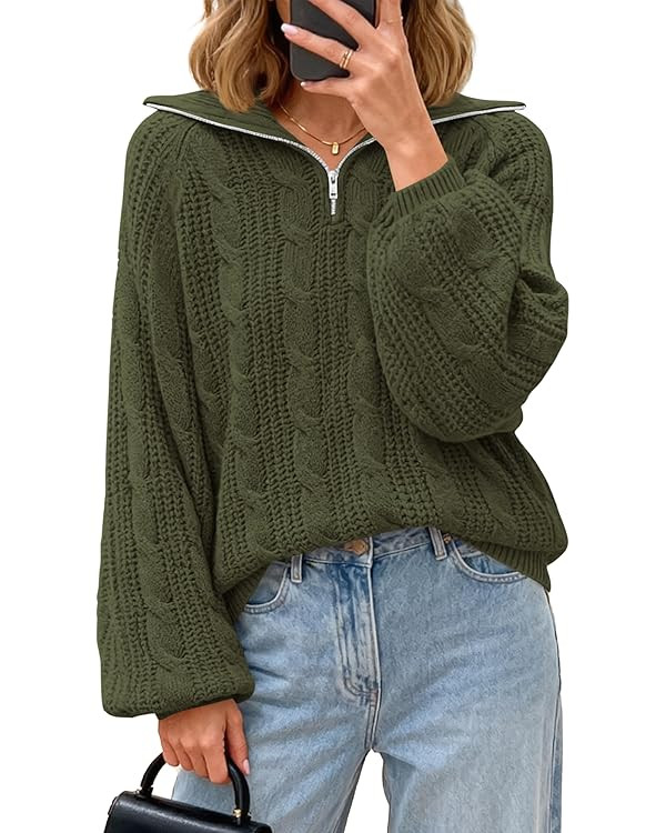 BTFBM Sweaters for Women Fall Fashion 2025 Loose Quarter Zip Pullover Collared Long Sleeve Cable ... | Amazon (US)