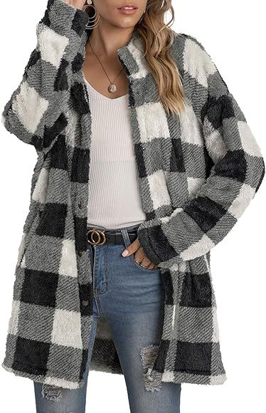 Long Plaid Cardigan for Women Long Sleeve Lapel Button Down Plaid Trench Coat ShirtFall Winter Ja... | Amazon (CA)