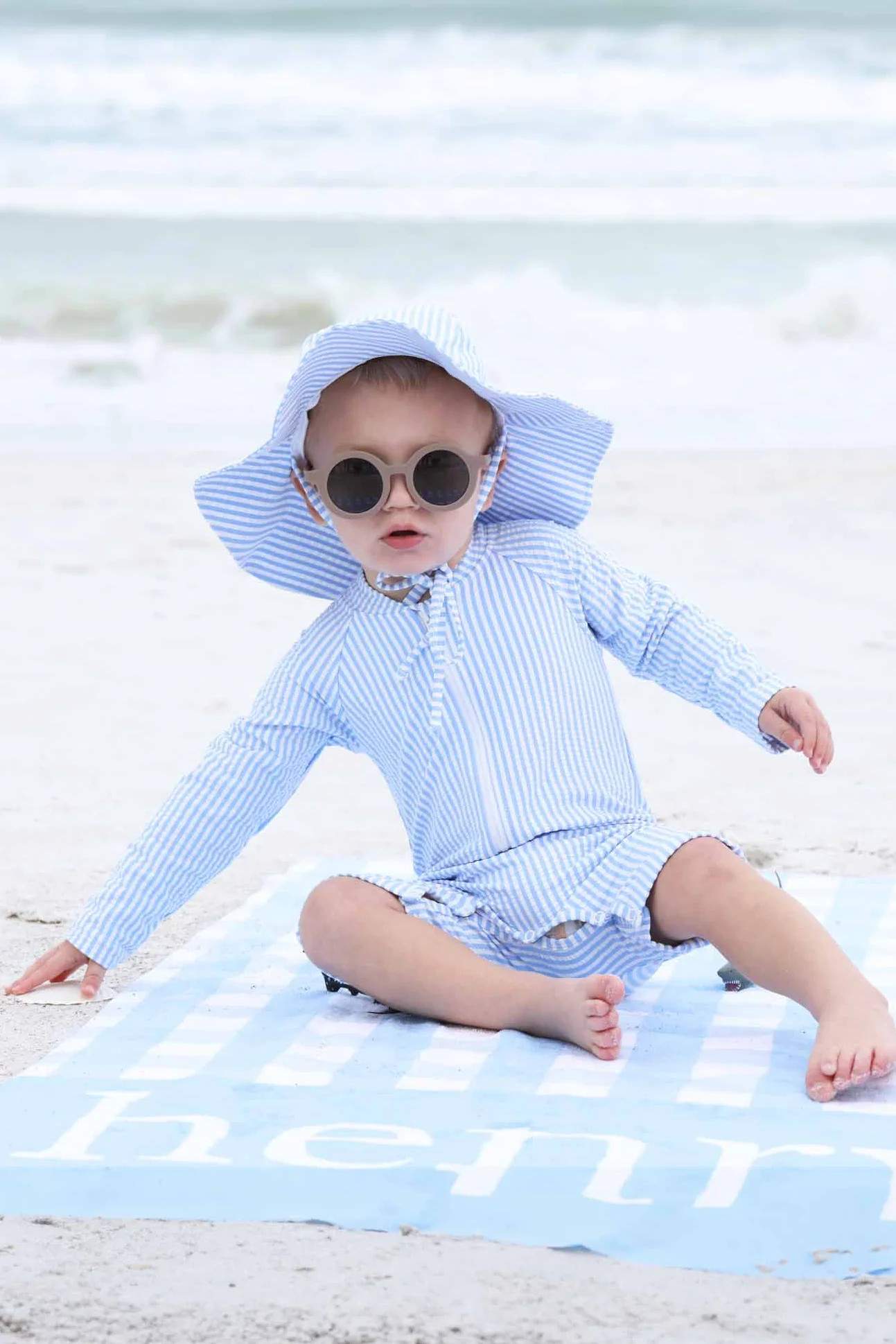 Long Sleeve Rash Guard Swim Romper Shortie | Seersucker Blue | Caden Lane