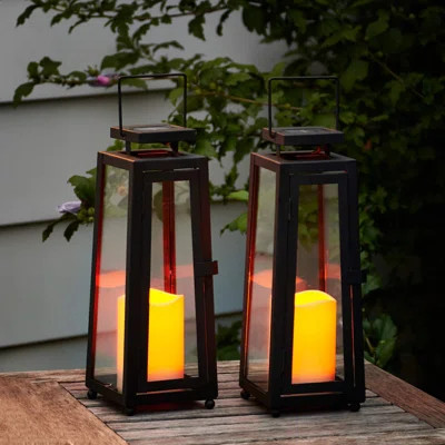Set Of 2 Solar Powered LED Candle Lanterns, Matte Black Metal Frame With Weatherproof Design, Ideal For Outdoor Decor | Wayfair Professional