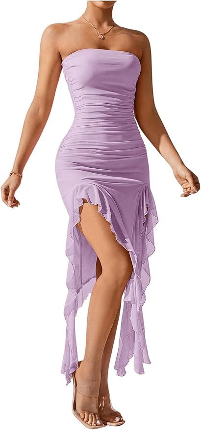 SHENHE Women's Ruched Split Thigh Strapless Asymmetrical Ruffle Bodycon Tube Party Dress | Amazon (US)