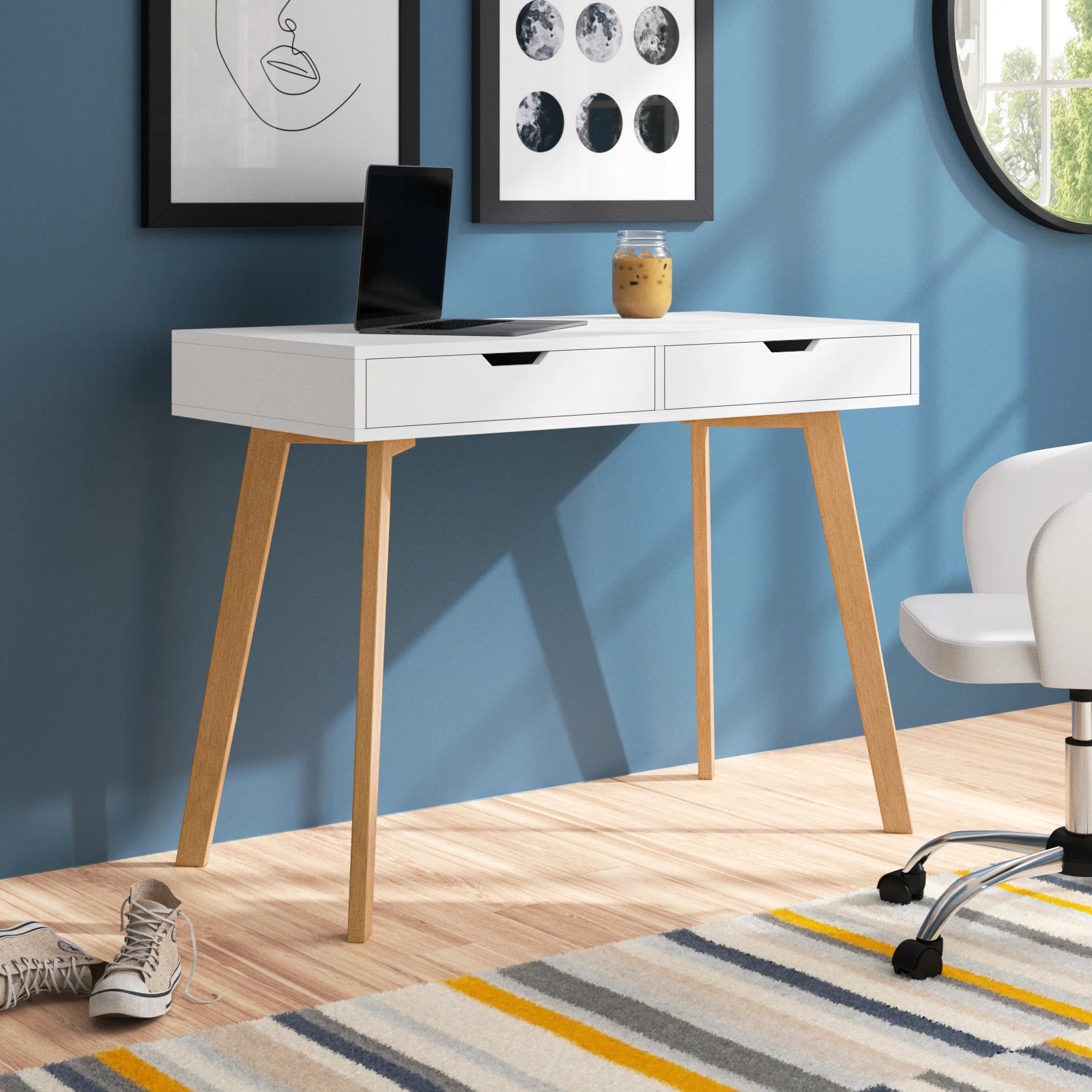 Baber 19.7" D Computer Desk with 2 Drawer, Modern White Wooden Writing Desk for Home-office | Wayfair North America