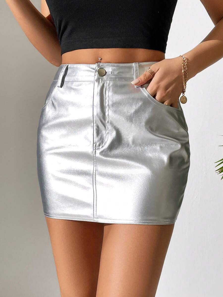 SHEIN PETITE High Waist PU Bodycon Party Women Skirt | SHEIN