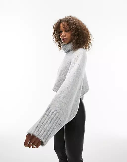 Topshop Tall knitted crop roll neck sweater in blue | ASOS (Global)