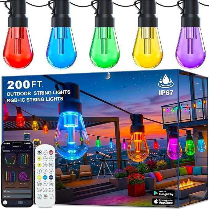 Outdoor String Lights,200FT Smart RGB+IC Patio Lights with Shatterproof LED Bulbs ,Outside Light ... | Amazon (US)