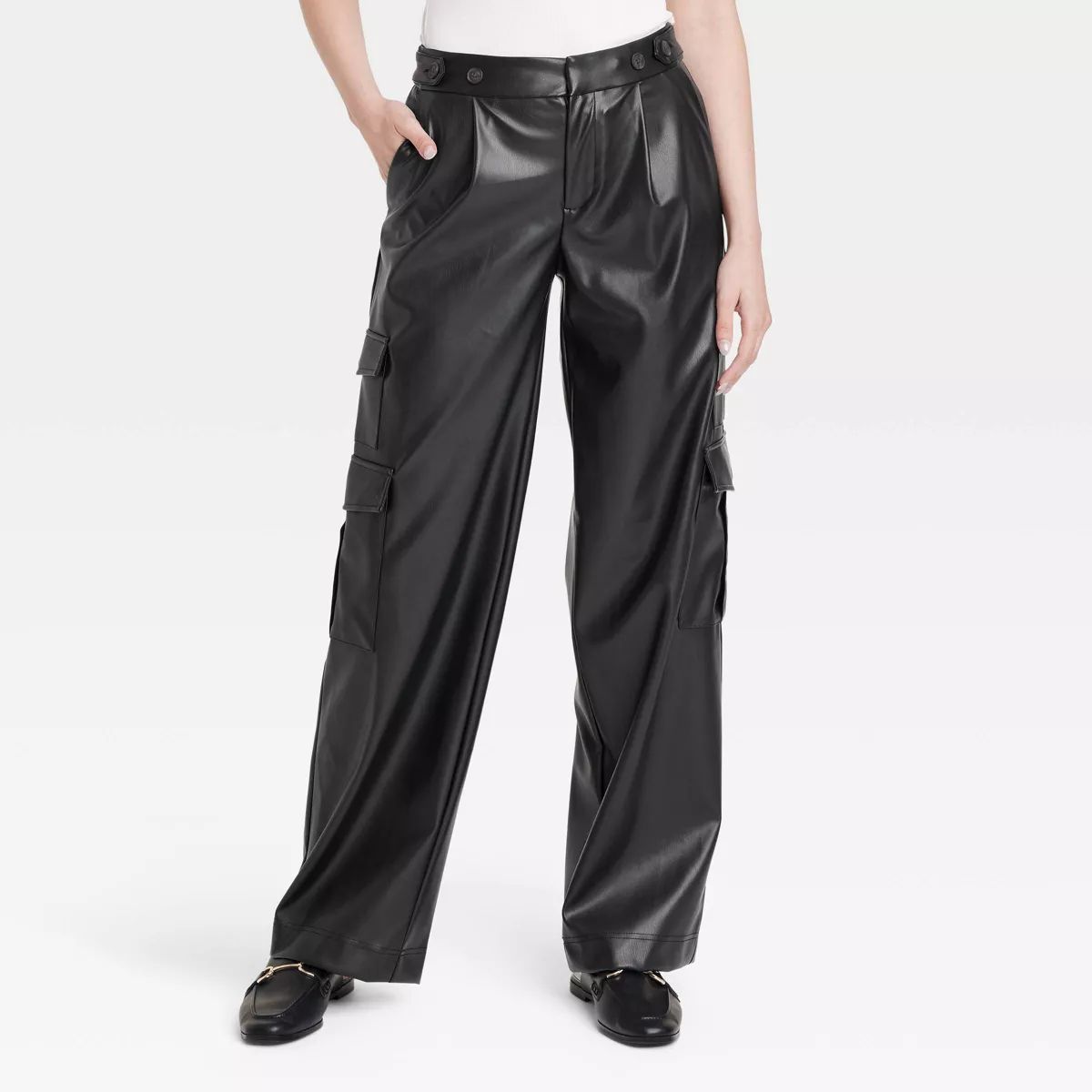 Women's High-Rise Straight Faux Leather Cargo Pants - A New Day™ Black | Target