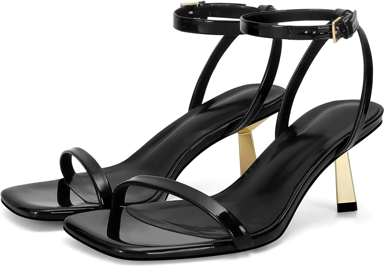 Dsevht Gold Strappy Heels for Women Kitten Heel Sandals Open Square Toe Stiletto High Heels with ... | Amazon (US)