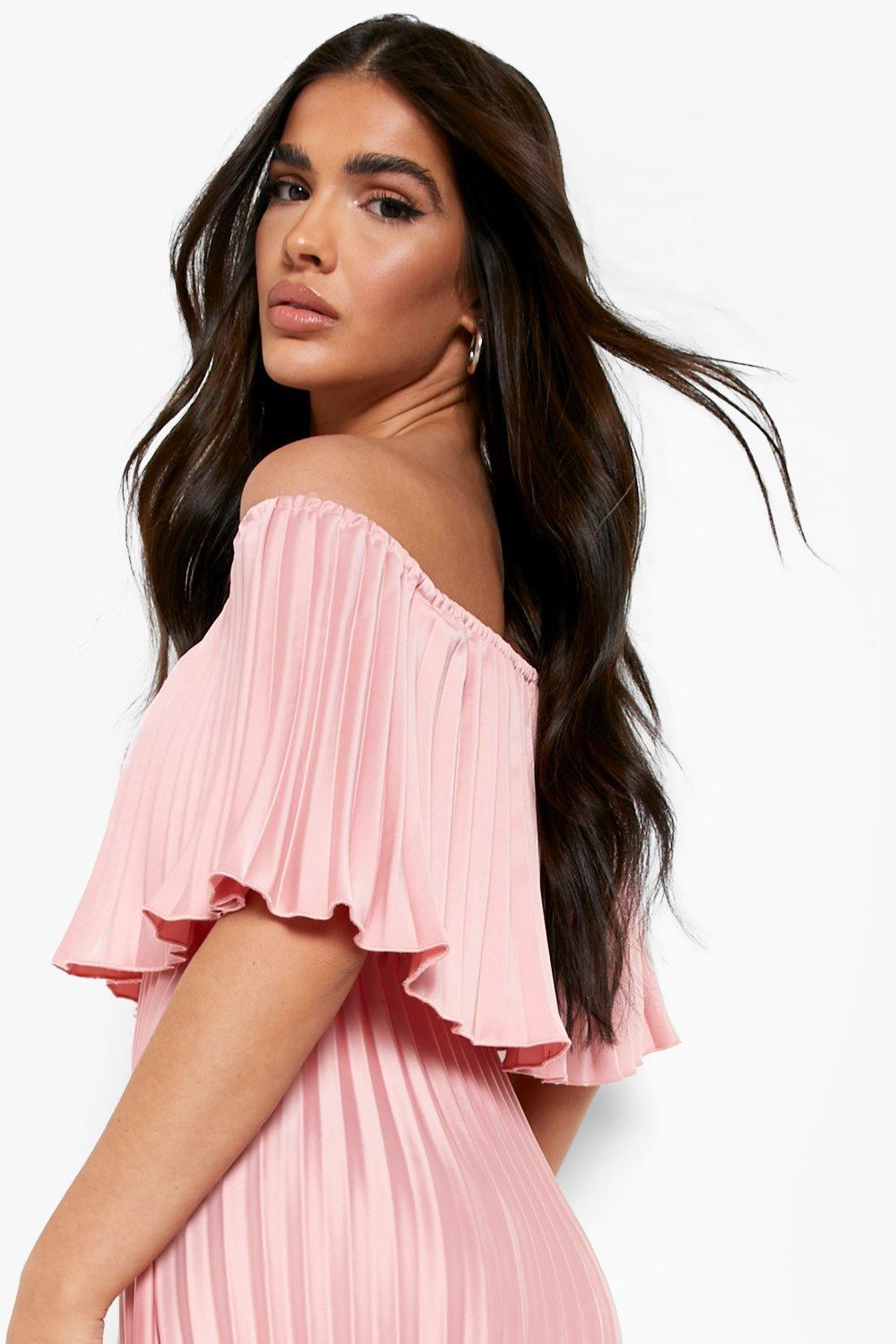 Pleated Satin Off The Shoulder Maxi Dress | Boohoo.com (US & CA)