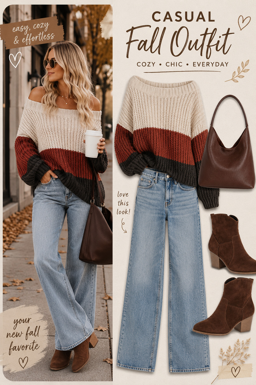 Looking for casual fall outfits that feel cozy, chic, and effortless? Style a color-block sweater with wide-leg jeans, brown ankle boots, and a matching shoulder bag for an easy everyday autumn look. Perfect for coffee runs, weekend plans, and casual days out. Save this cozy fall outfit for your fall wardrobe inspiration! 

 #LTKootd #LTKSeasonal #LTKMidsize
