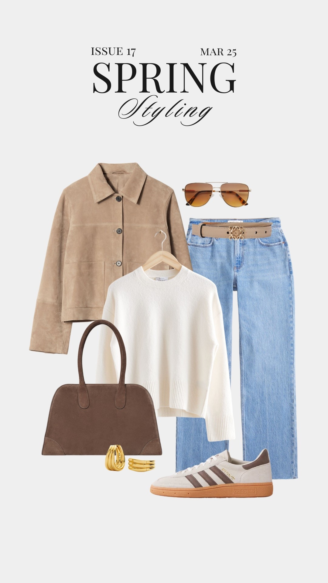 Styling a suede cropped jacket with light neutrals for a casual spring outfit, cream jumper and light blue baggy jeans with brown and taupe accessories. Currently 20% off & Other Stories and these Abercrombie jeans are 30% off!

#LTKsale #LTKstyletip #LTKspring