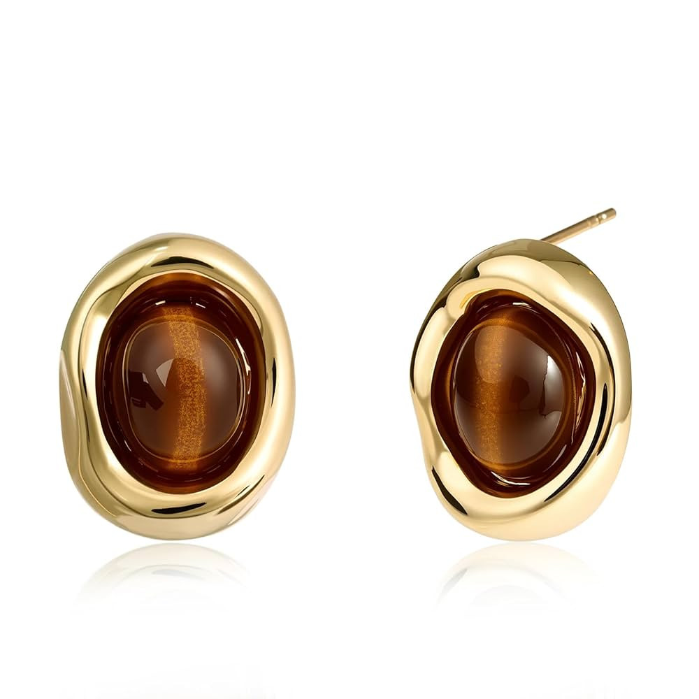 Tiger Eye Stud Earrings 14K Gold Plated Vintage Brown Gemstone Earrings with Oval Tiger Eye Jewel... | Amazon (US)