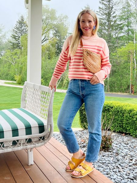 Everyday casual spring into summer outfit - minnow stripe sweater, favorite high waisted Levi’s denim, Birkenstock yellow sandals, Clare v bag, merit matte lipstick in Sunday, tuckernuck earrings.

See more everyday casual outfits on CLAIRELATELY.com 

#LTKItBag #LTKFindsUnder100 #LTKSeasonal