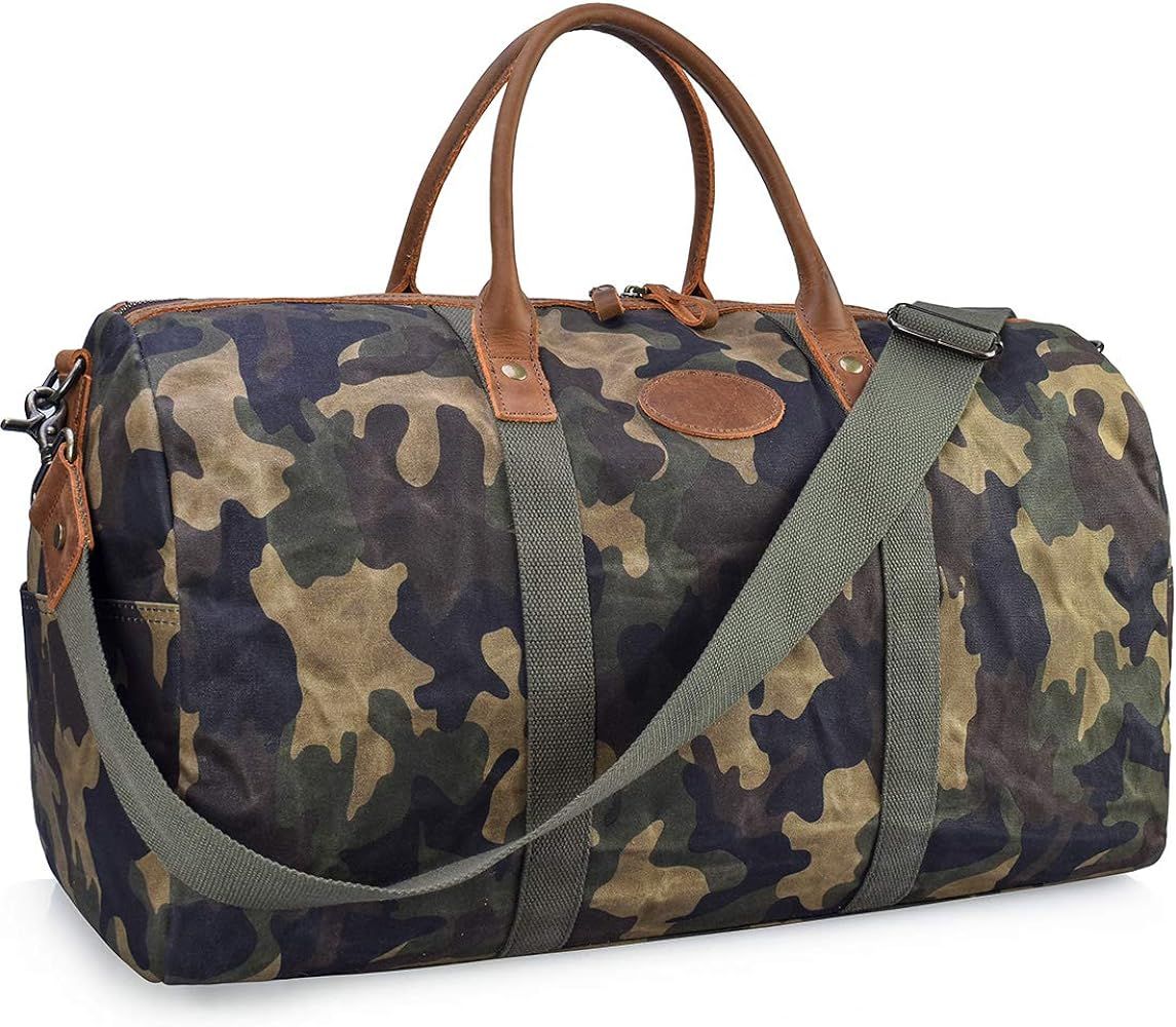 Travel Duffel Bag Waterproof Canvas Overnight Bag Leather Weekend Carryon Bag Camo | Amazon (US)