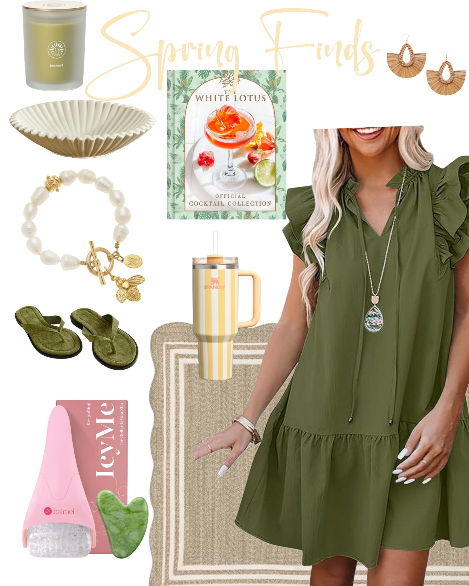 Spring Finds You’ll Love
Sharing some of my favorite spring finds that bring charm, color, and cozy vibes into the season! From this flutter-sleeve olive green dress (under $40!) to a must-have Stanley tumbler, everything here is perfect for freshening up your wardrobe and your home.

Home decor lovers—don’t miss the ruffled ceramic bowl, the White Lotus cocktail book, and that neutral bordered rug that works in any space. I also added some wellness favorites like the Baimei ice roller and gua sha for a refreshing skincare ritual.

Everything is linked for easy shopping—from the cutest spring earrings and sandals to the perfect scented candle and charm bracelet!

Shop the post on my LTK
#springstyle #LTKspring #LTKhome #LTKbeauty #LTKunder50 #neutraldecor #homerefresh #elevatedcasual #springoutfitinspo #wellnessessentials #springdecorfinds #fluttersleeve #greendress #stanleycup #icefacial #bohostyle

#LTKSeasonal #LTKParties #LTKGiftGuide