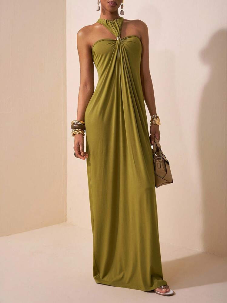 Zivah Green Backless Dress With Metal Ring Decoration, Suitable For Music Festivals, Easter, St.Patrick's Day, Western Style, Nomadic Style, Birthday Parties, Graduation, School Style, Daily Wear, Casual, Vacation, Cruise, Beach, Sunbathing, Street Style, Wedding Guest, Commuting, Brunch, Airport Green Maxi Dress Olive Green Maxi Dress Long Green Dress Halter Neck Green Dress Green Evening Dress | SHEIN