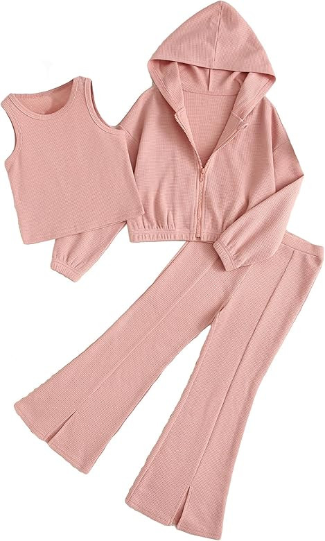 Floerns Girls Long Sleeve Hoodie Tank Split Pant Set Three Piece Outfit | Amazon (US)