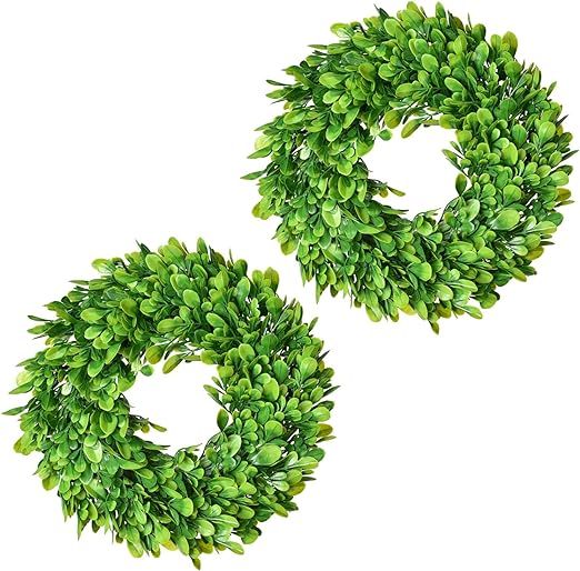Amazon.com: Lvydec 2 Pack Artificial Boxwood Wreath - 11" Mini Boxwood Wreath Green Candle Wreath... | Amazon (US)