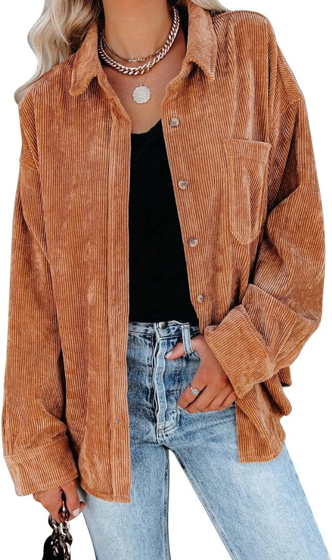 LYANER Women's Corduroy Button Down Long Sleeve Oversized Jacket with Pocket | Amazon (US)