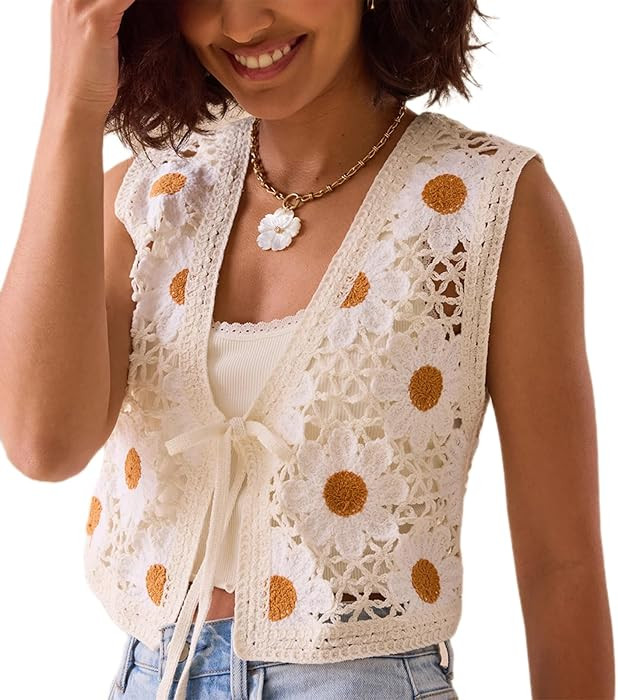Yojeasrio Women Y2K Crochet Knit Vest Cute Tie Front Tank Top Sleeveless V Neck Crop Hollow Out S... | Amazon (US)