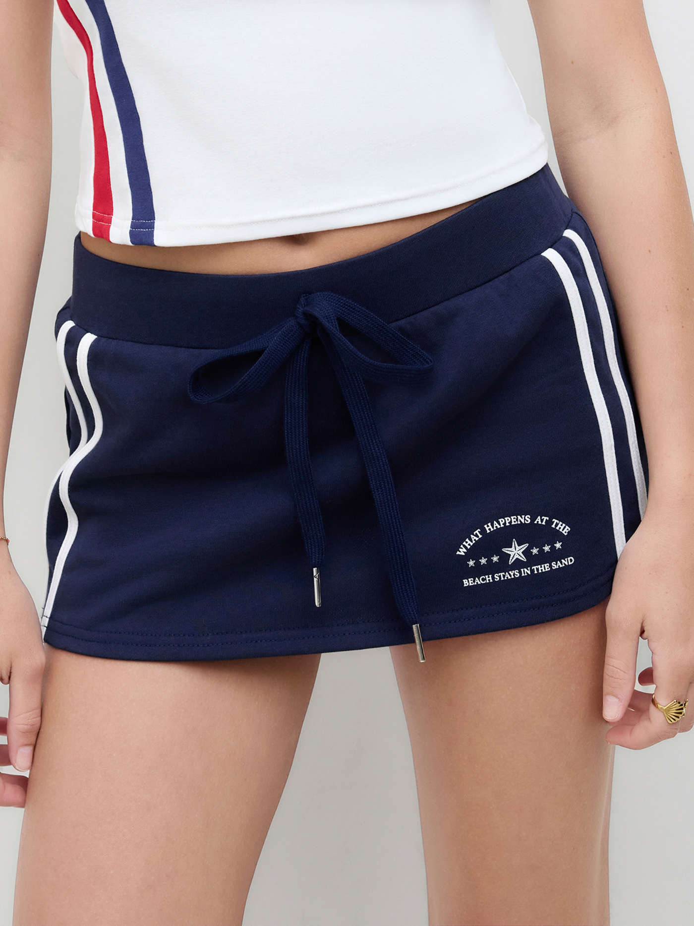 Terry Terry Low Rise Side Stripe Drawstring Mini Skirt For Daily Casual | Cider