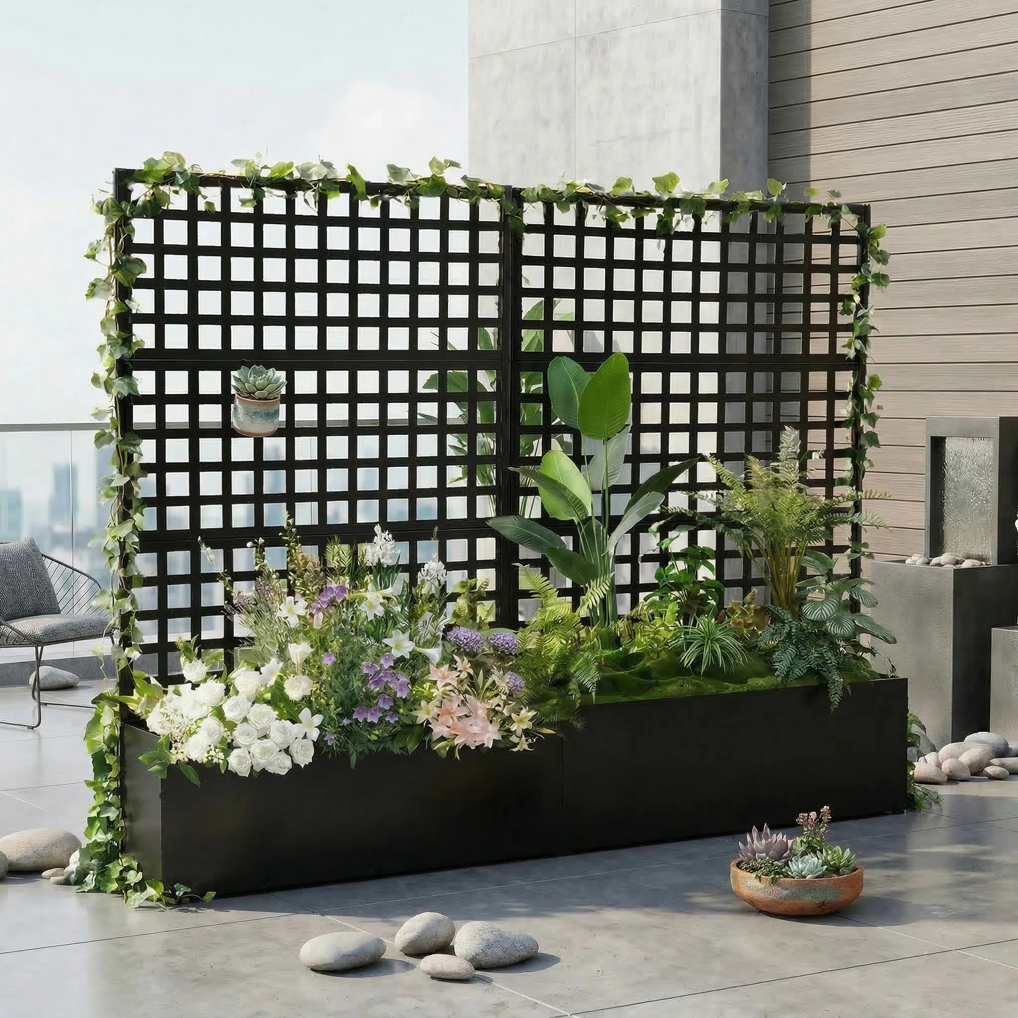 Latitude Run\u00ae Metal Privacy Planter With Trellis, Raised Garden Bed Privacy Screen With Drainage Holes, Black, 70" X 46" X 12" | Wayfair | Wayfair North America