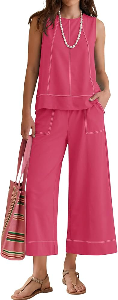 LOMON Two Piece Sets for Women Summer Outfits Sleeveless Tank Tops Wide Leg Crop Pants Matching L... | Amazon (US)
