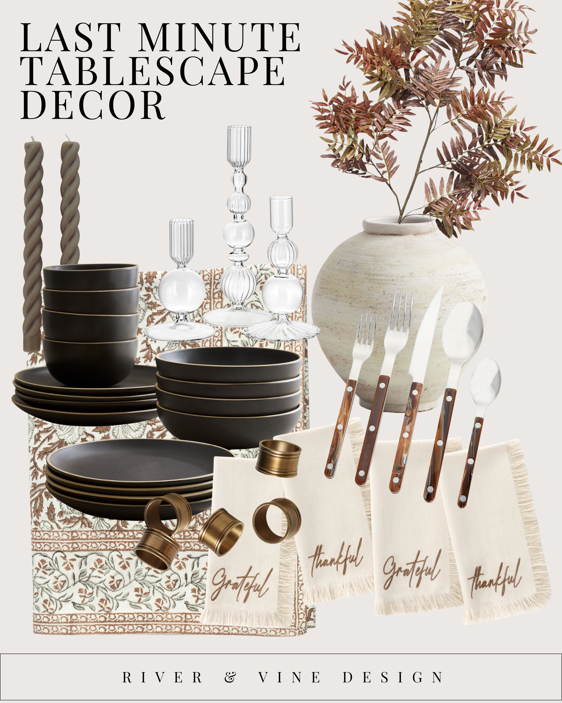 If the hosting panic just kicked in — this is your last-minute tablescape formula:

One patterned textile (table runner > tablecloth — easier, faster)

Matching napkins (instantly makes it feel intentional)

Layered textures (ceramic + glass + brass)

Branches in a vase (nature does the heavy lifting)

You don’t need an elaborate centerpiece — just repeat a few materials and keep the palette tight.
Everything here ships fast and works with what you already own.

Tap to shop the exact pieces! 

 #LTKHoliday #LTKHome