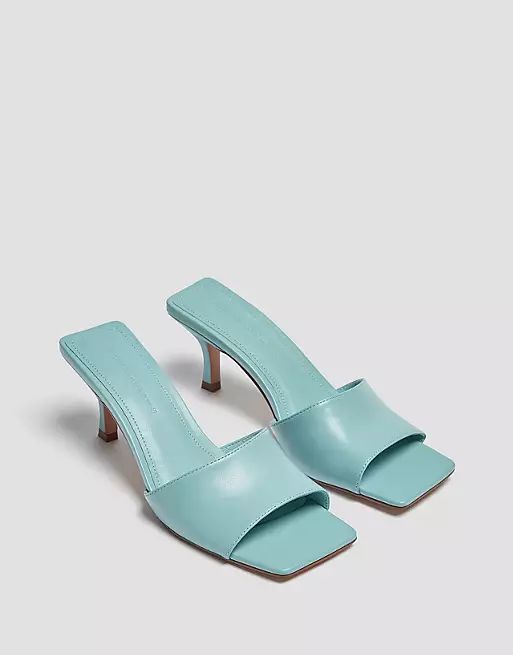 Pull&Bear mid heel mule sandals with square toe in blue | ASOS (Global)