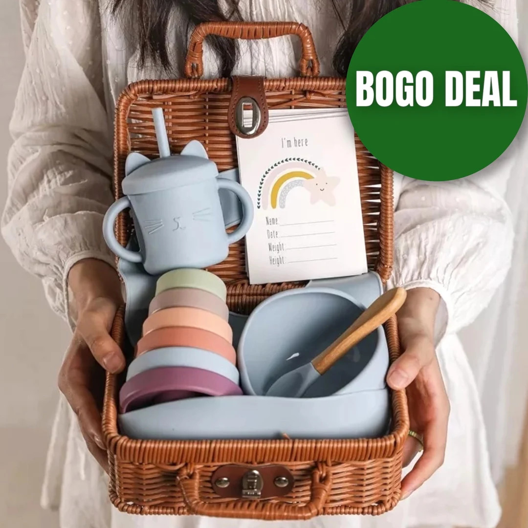 Baby Gift 8pc Baby Gift Set, Baby Toy Set, Rattan Style Suitcase, 5pc Baby Feeding Set & Silicone... | Etsy (US)