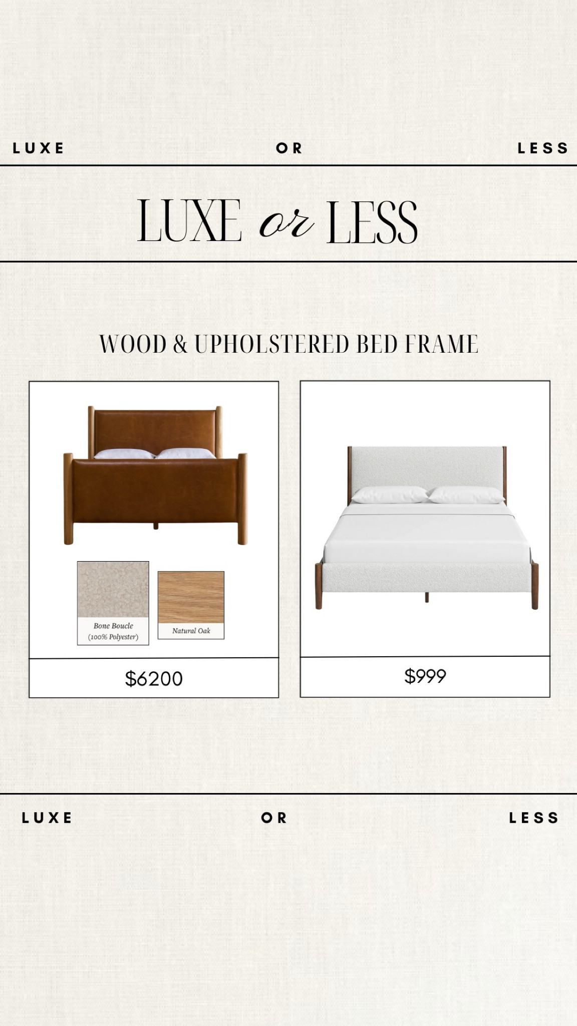 Luxe or Less - Wood & Upholstered Bed Frame!

Gorgeous on either budget!

home finds, luxe or less, deals, affordable bed, budget friendly home finds, amber interiors, wayfair, trending bed frame

#LTKStyleTip #LTKHome