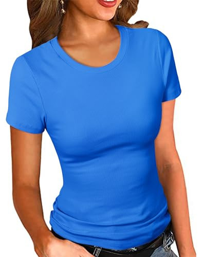 PALINDA Women's Crew Neck Ribbed Fitted Shirt Basic Short Sleeves Summer T Shirt Royal Blue Tops(XL) | Amazon (US)