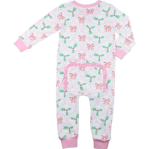 Pink And Green Bow And Holly Knit Zipper Pajamas | Cecil and Lou