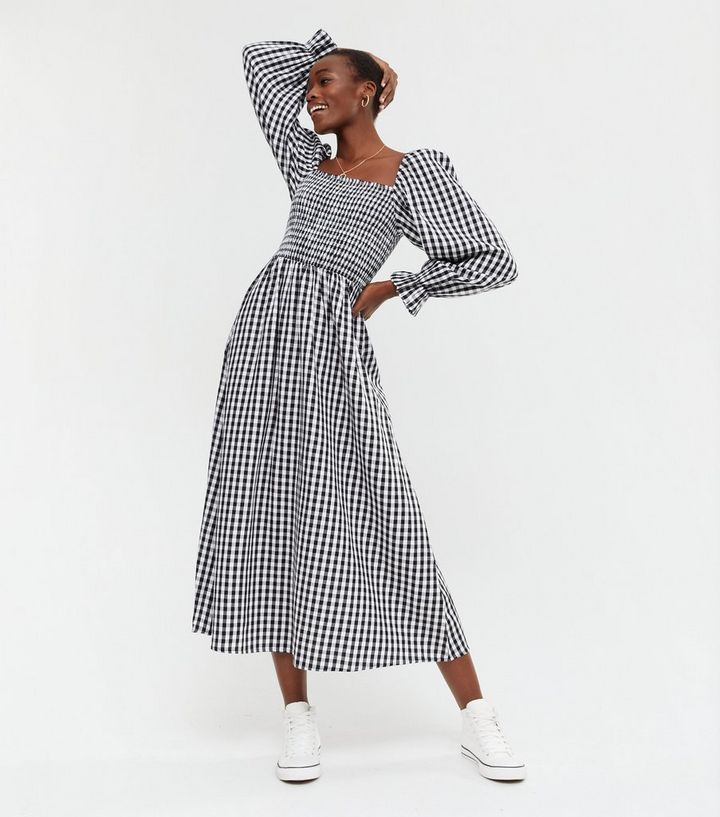 Tall Black Gingham Shirred Puff Sleeve Midi Dress
						
						Add to Saved Items
						Remove fr... | New Look (UK)