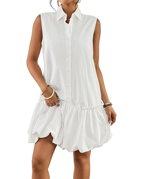 Bsubseach Womens Casual Summer Dresses Sleeveless Linen Bubble Mini Short Dress Button Down Shirt... | Amazon (US)