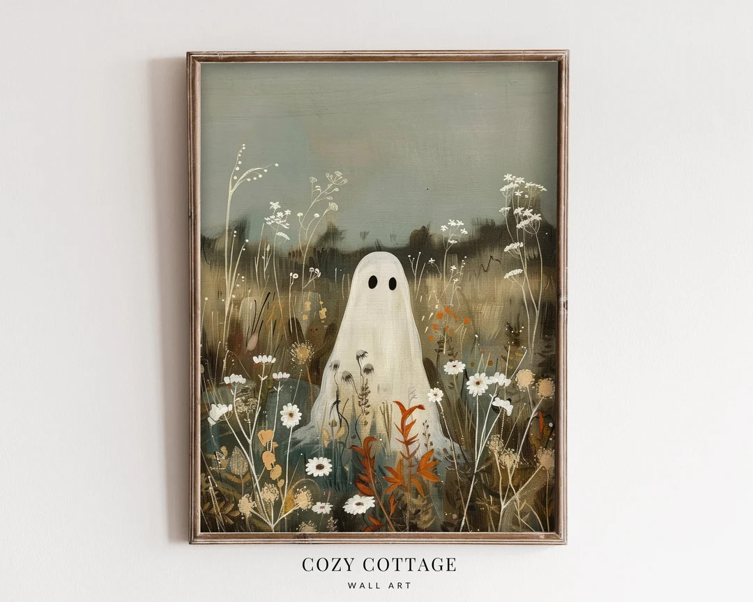 Ghost on Flower Meadow Print Vintage Style Painting Floral Ghost Cottage Halloween Decor PRINTABL... | Etsy (US)