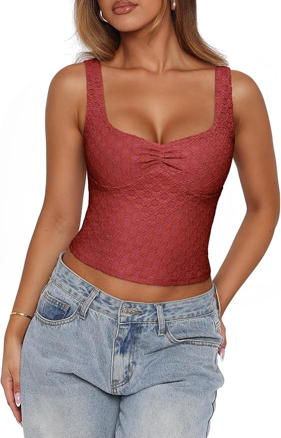 PINKMSTYLE Women Sexy Square Neck Tank Tops Slim Sleeveless Double Lined Going Out Fashion Lace B... | Amazon (US)