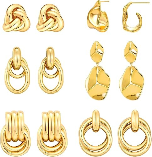 6 Pairs Gold Dangle Earrings for Women, 14K Gold Plated Earrings Geometric Knot Drop Huggie Earri... | Amazon (US)