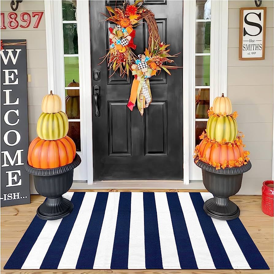EARTHALL Navy Blue and White Striped Rug Outdoor 3'x 5', Cotton Hand-Woven Striped Door Mat, Reve... | Amazon (US)